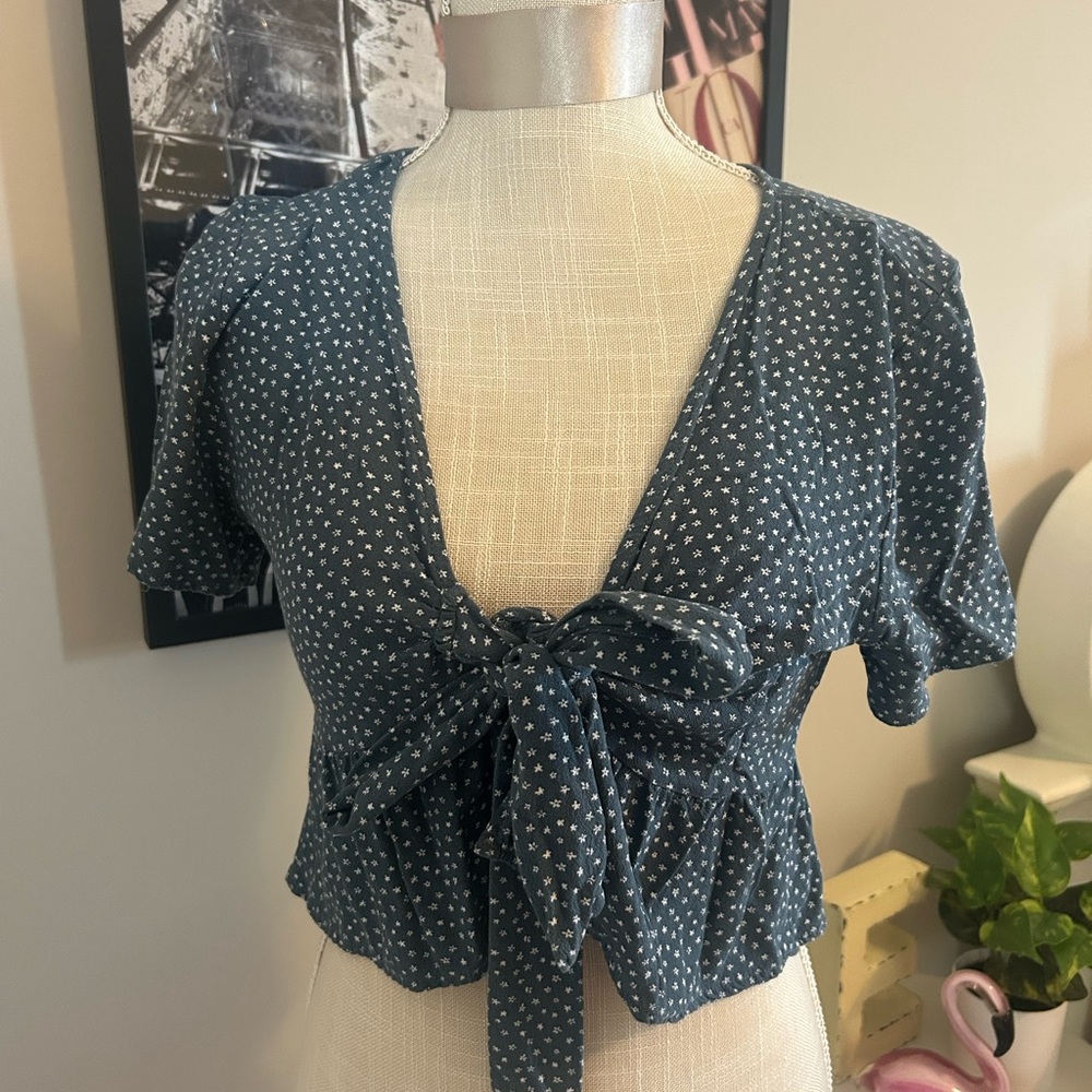 Blue and White Flower Tie-Front Top